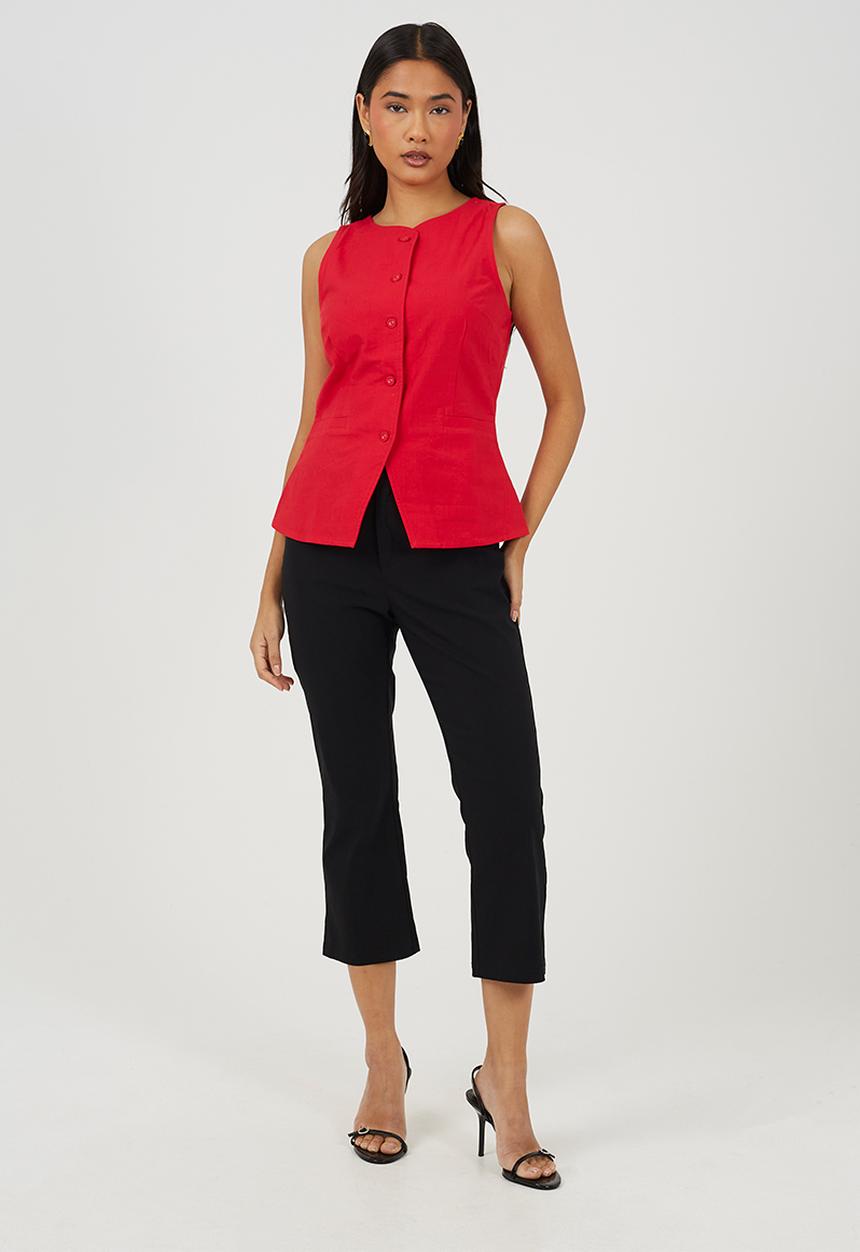 Brave Soul - Ladies Woven Button Through Tailored Vest - Red