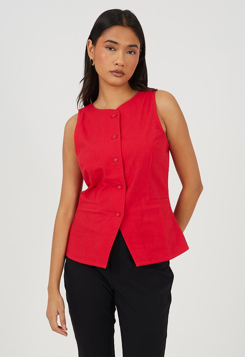 Brave Soul - Ladies Woven Button Through Tailored Vest - Red