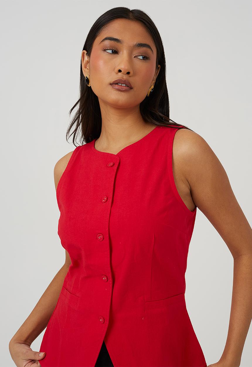 Brave Soul - Ladies Woven Button Through Tailored Vest - Red