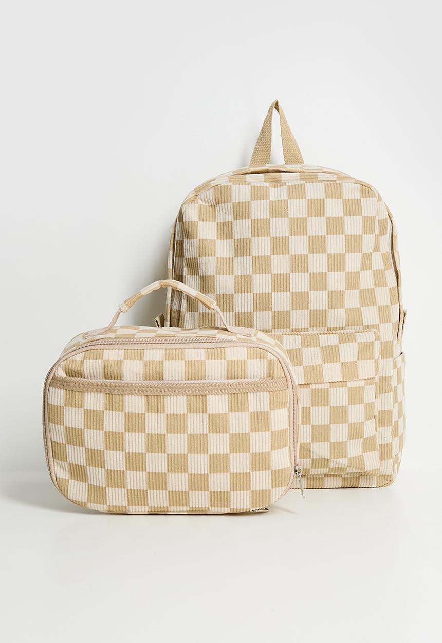 Pop Candy - Corduroy backpack and lunch bag - mauve/beige checkerboard