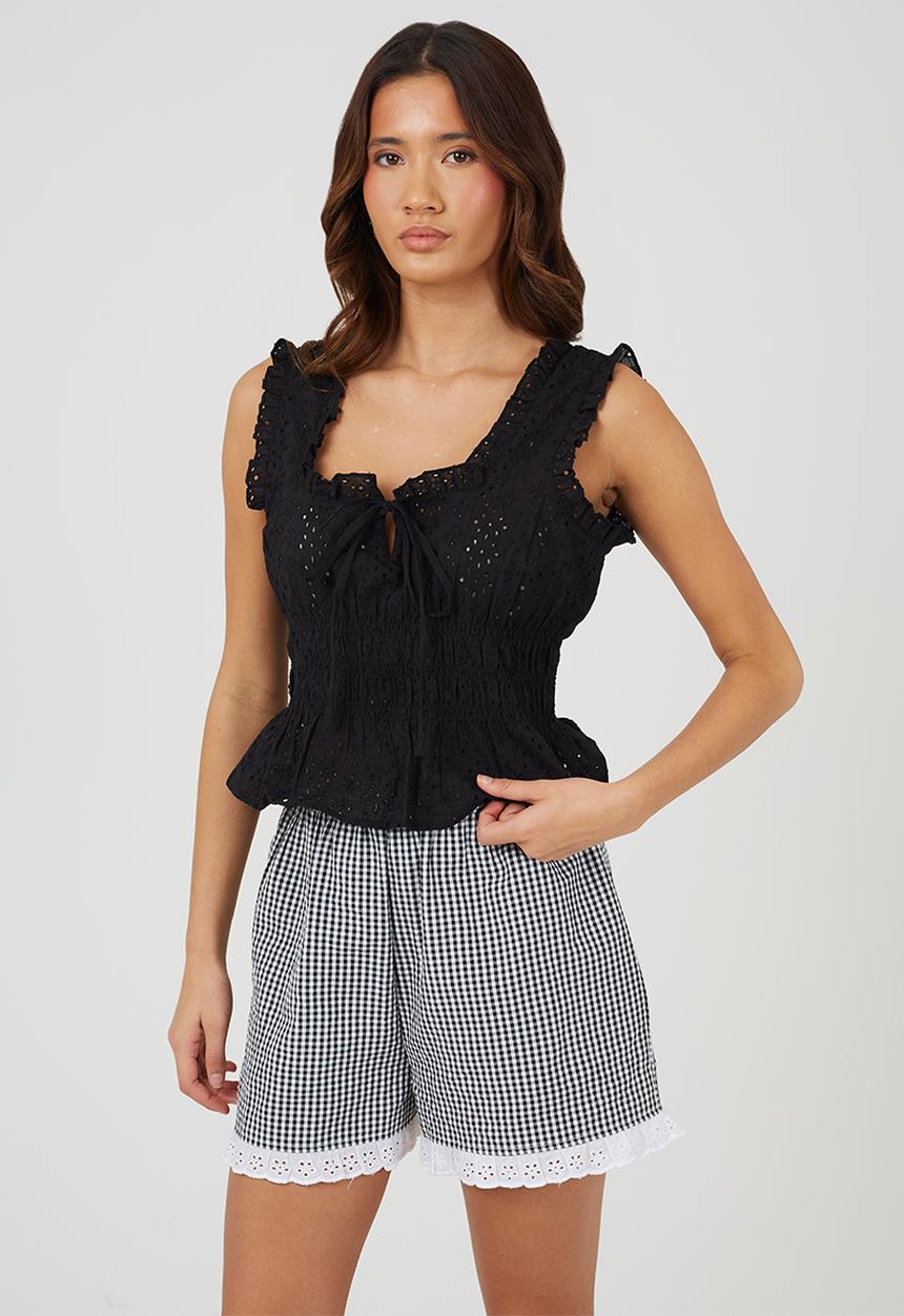 Brave Soul - Ladies Sleeveless Broiderie Top - Black