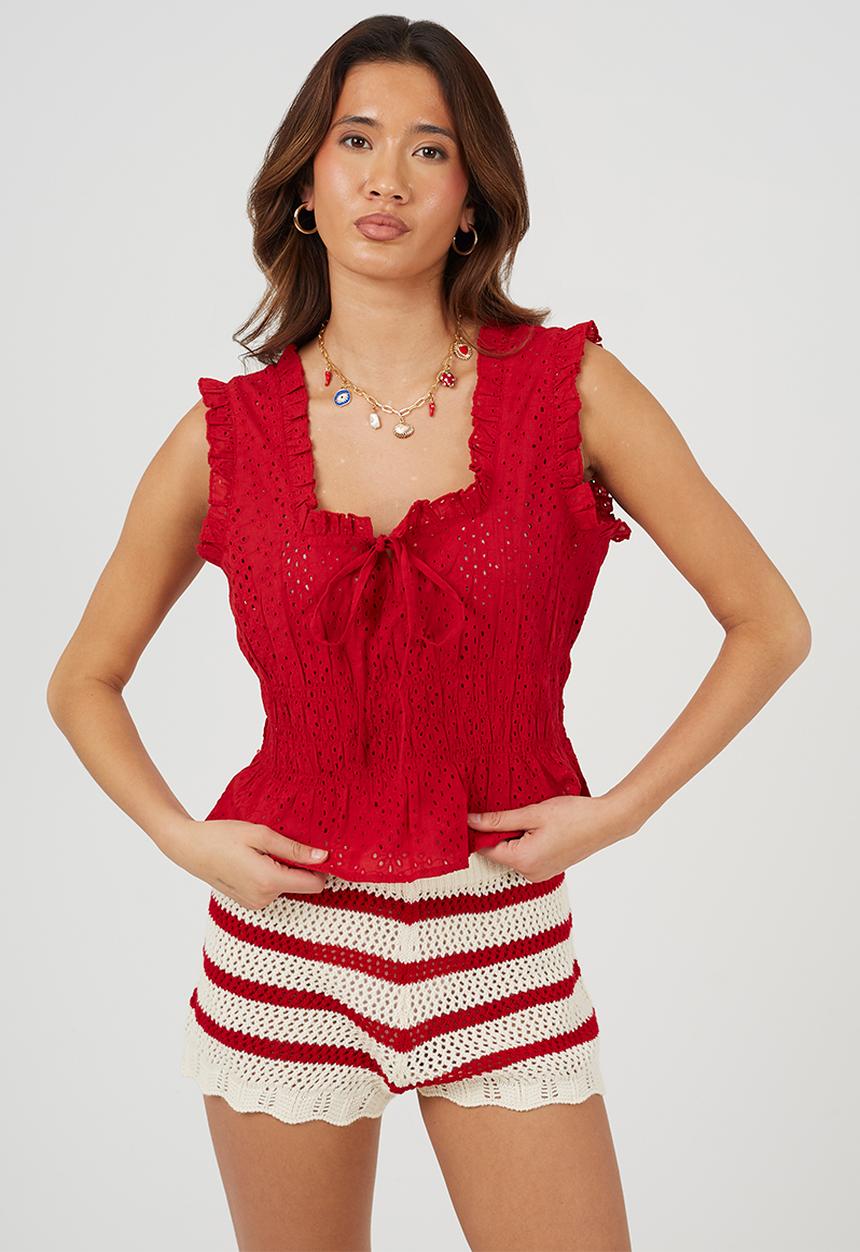 Brave Soul - Ladies Sleeveless Broiderie Top - Red