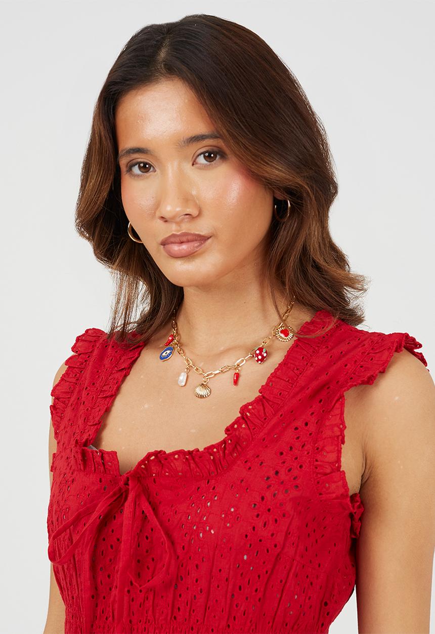 Brave Soul - Ladies Sleeveless Broiderie Top - Red