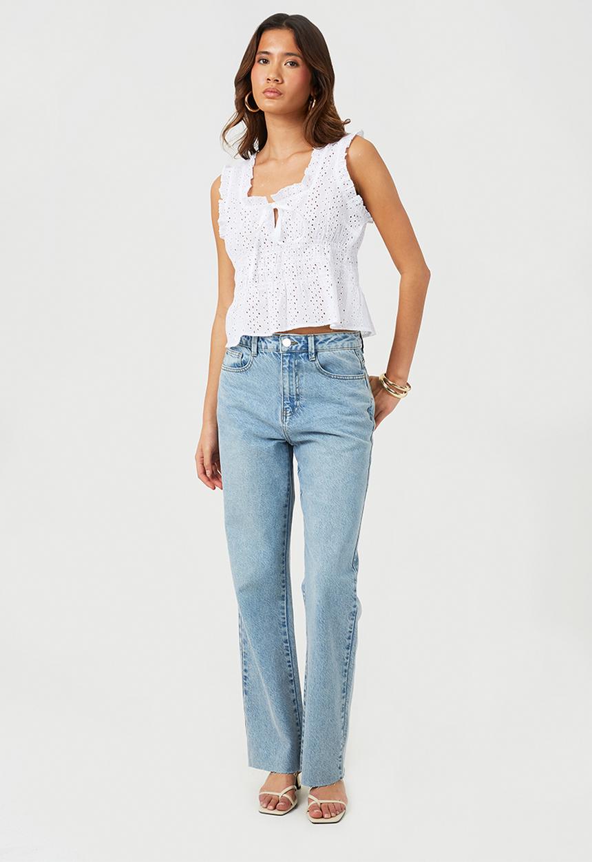 Brave Soul - Ladies Sleeveless Broiderie Top - White