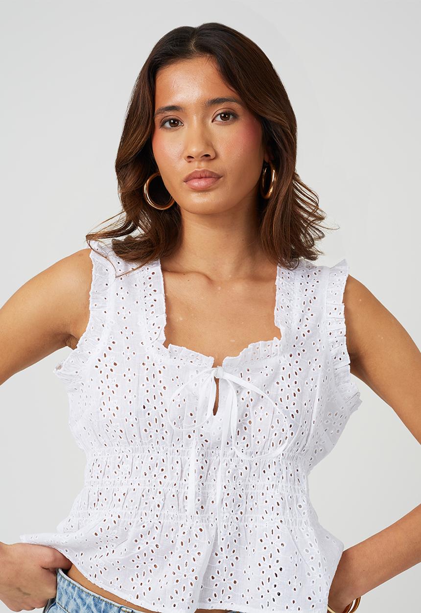 Brave Soul - Ladies Sleeveless Broiderie Top - White