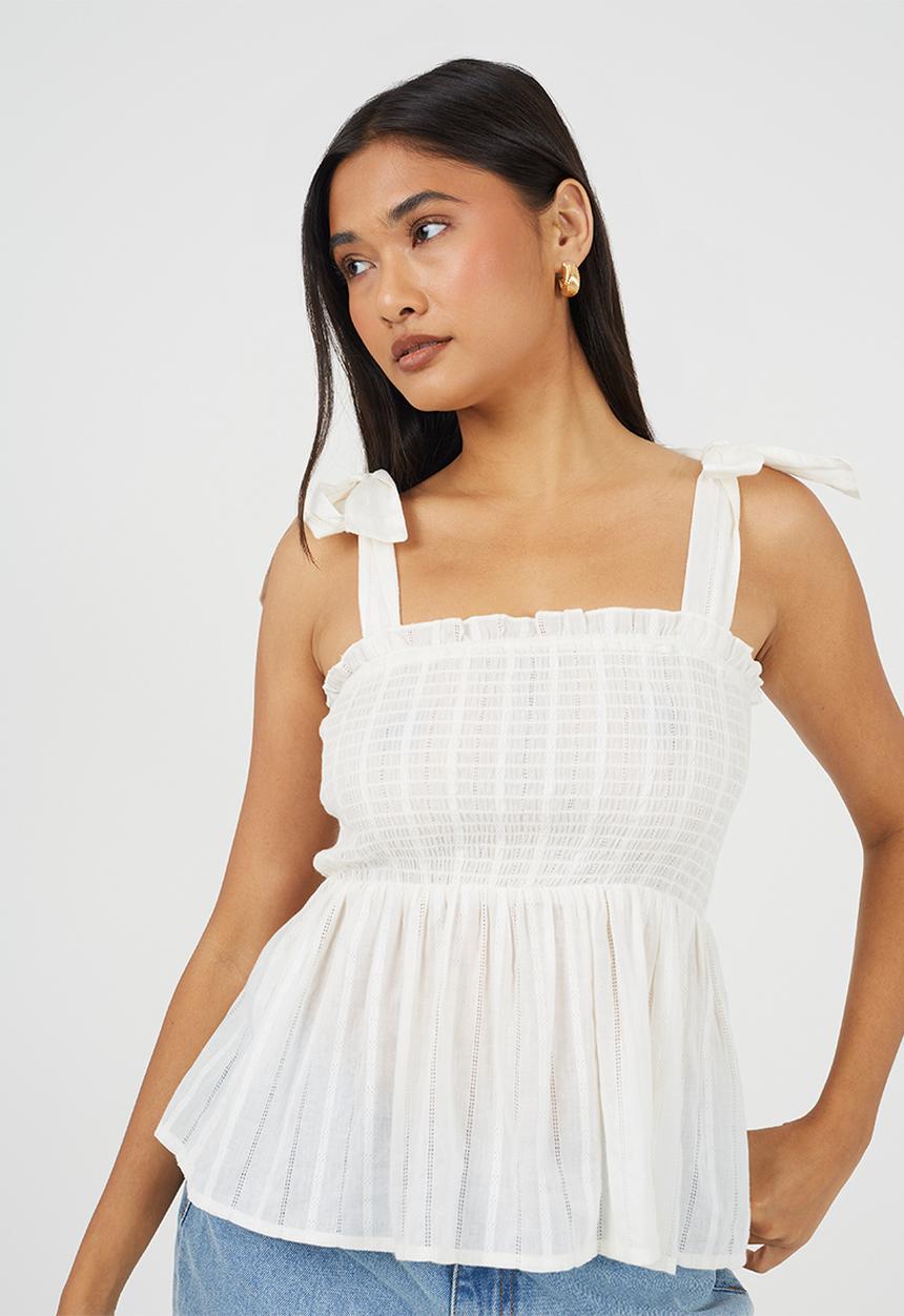 Brave Soul - Ladies Ruched Bodice Peplum Vest With Shoulder Ties - Off White