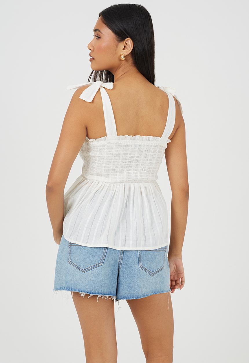 Brave Soul - Ladies Ruched Bodice Peplum Vest With Shoulder Ties - Off White