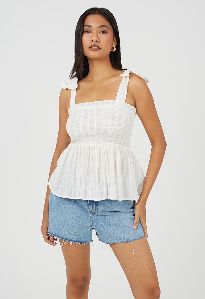 Brave Soul - Ladies Ruched Bodice Peplum Vest With Shoulder Ties - Off White