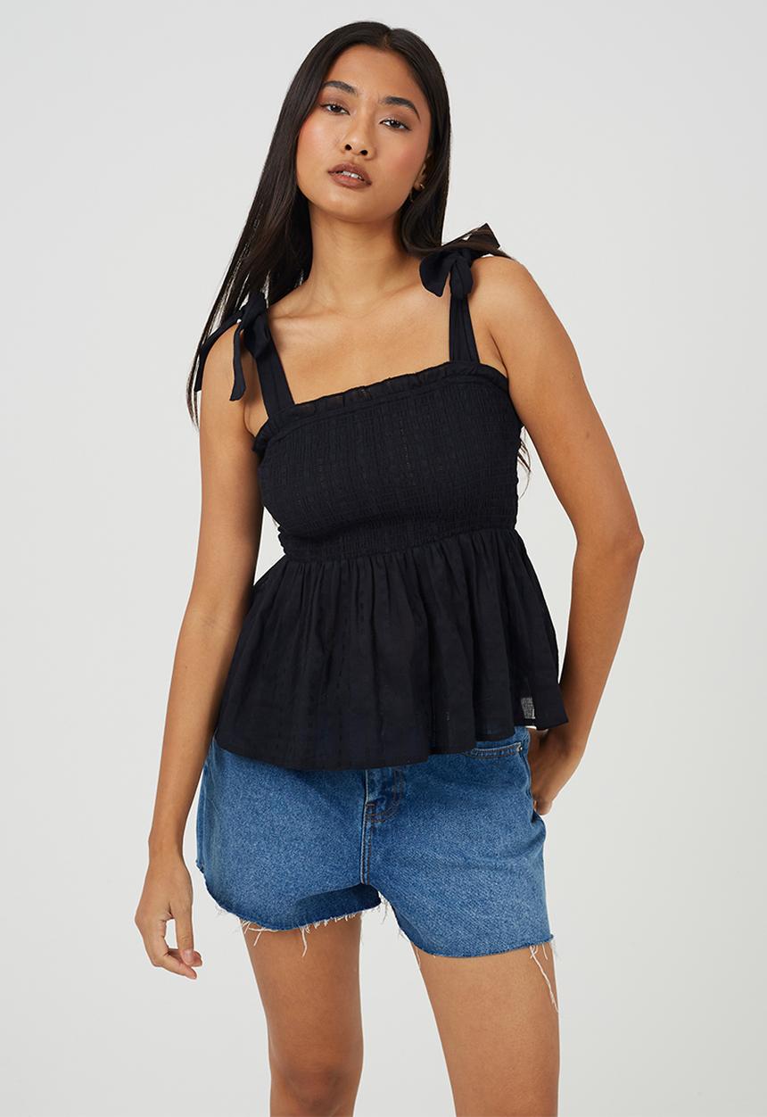 Brave Soul - Ladies Ruched Bodice Peplum Vest With Shoulder Ties - Black