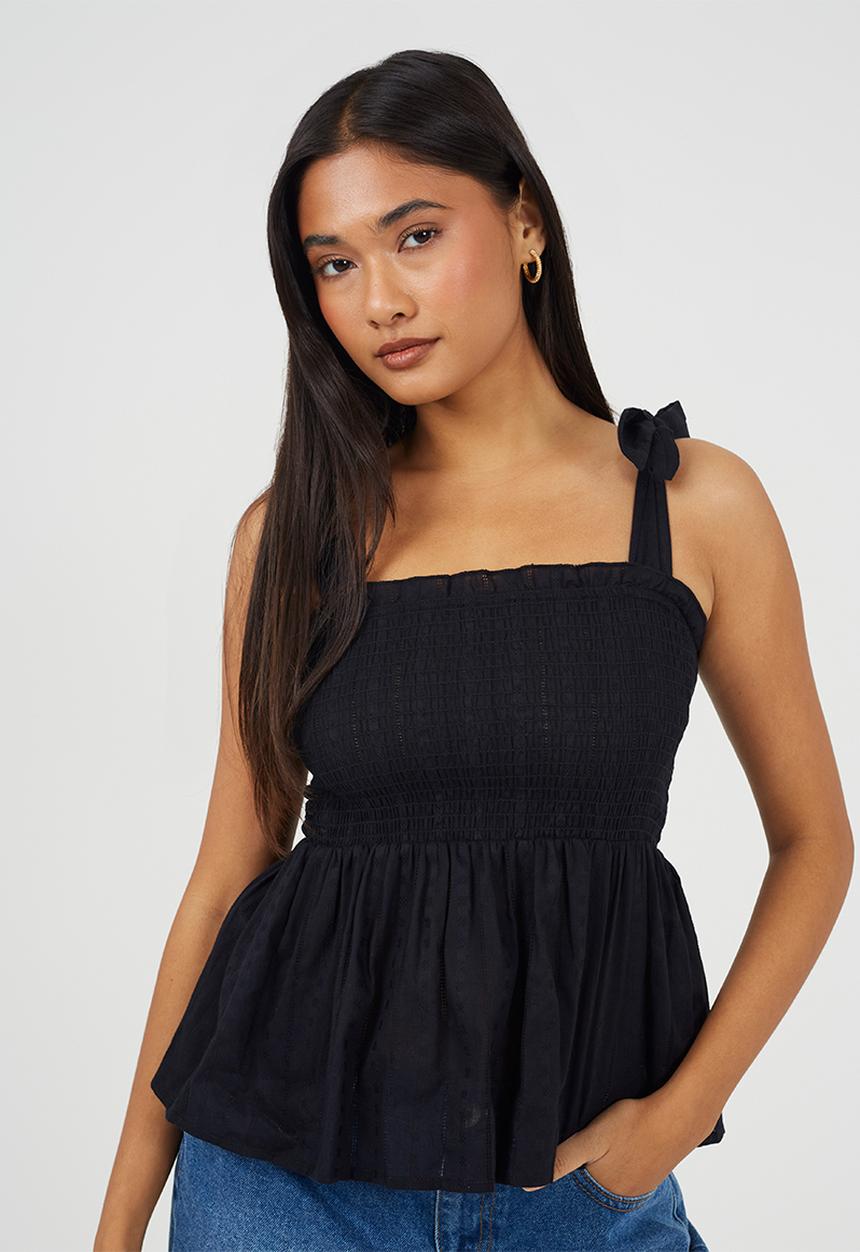 Brave Soul - Ladies Ruched Bodice Peplum Vest With Shoulder Ties - Black