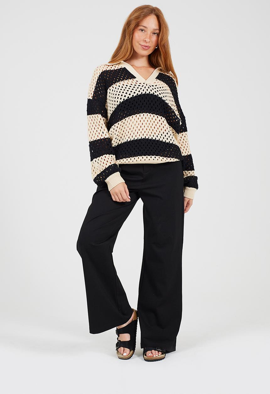 Brave Soul - Ladies Collared Jumper In Open Knit Mesh Stitch With Wide Stripe - Stone/Black