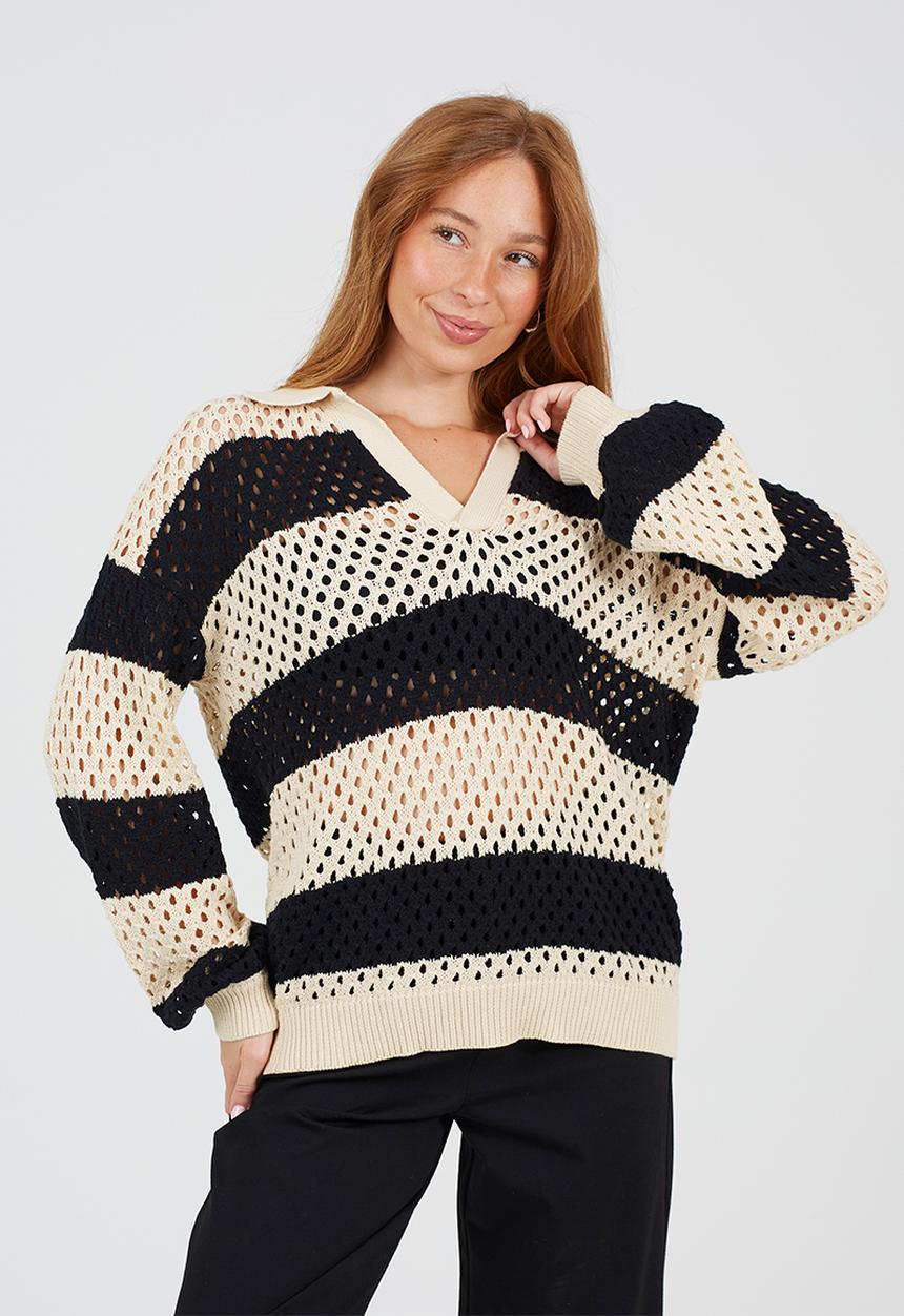 Brave Soul - Ladies Collared Jumper In Open Knit Mesh Stitch With Wide Stripe - Stone/Black