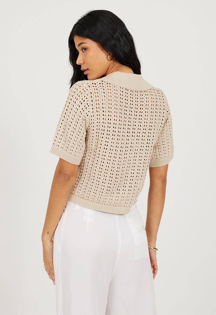 Brave Soul - Ladies Collared T-Shirt In Open Pointelle Knit - Stone