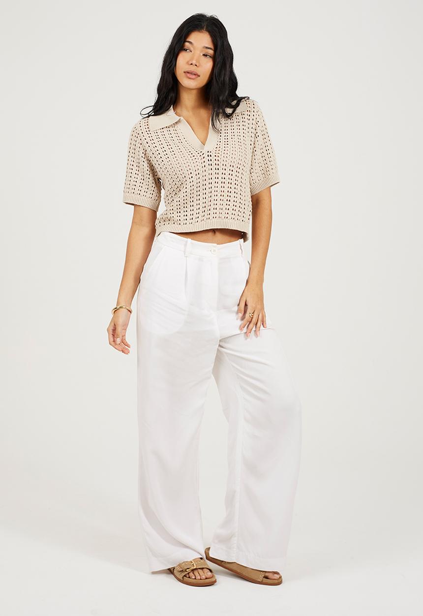 Brave Soul - Ladies Collared T-Shirt In Open Pointelle Knit - Stone