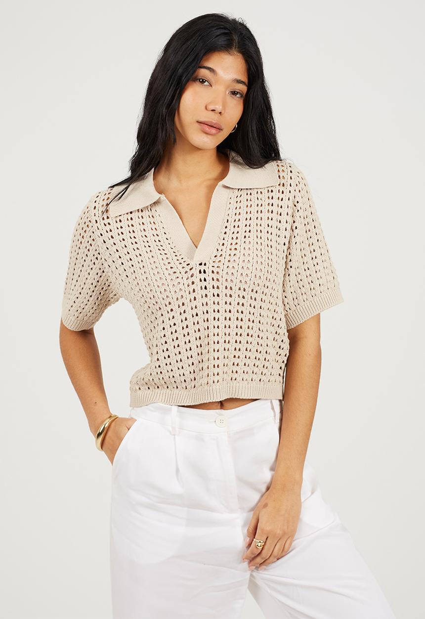 Brave Soul - Ladies Collared T-Shirt In Open Pointelle Knit - Stone
