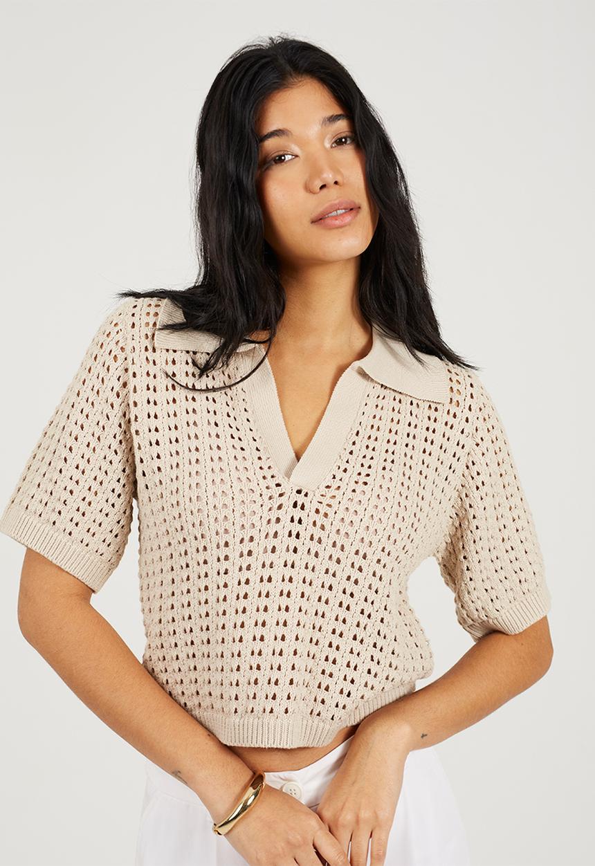 Brave Soul - Ladies Collared T-Shirt In Open Pointelle Knit - Stone