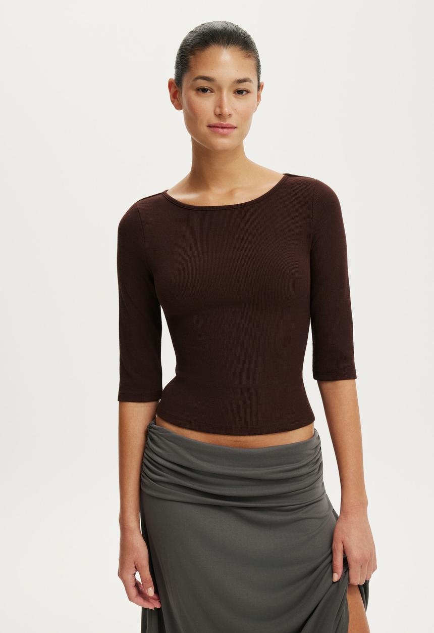 Cotton On - Boat Neck 3/4 Sleeve - Dark Oak
