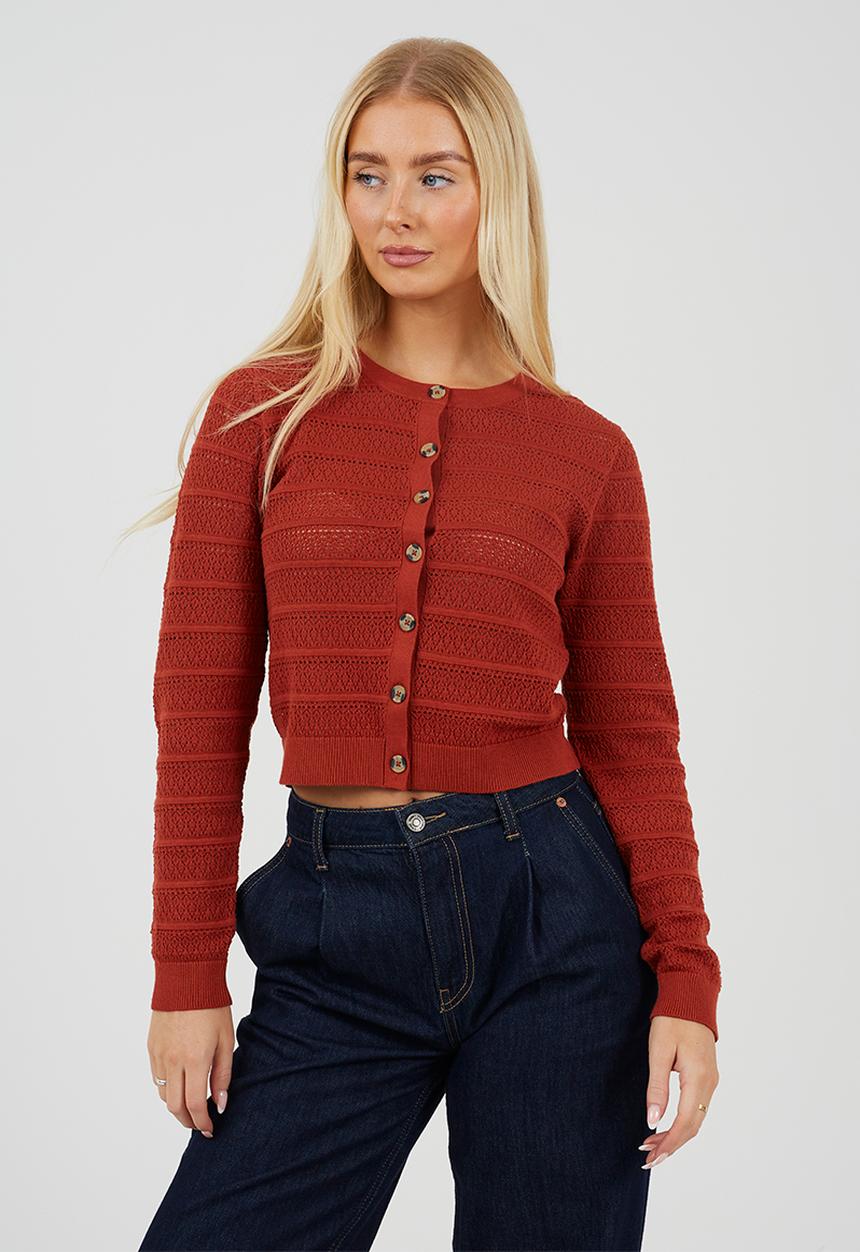 Brave Soul - Ladies Crew Neck Button Through Cardigan With All Over Stitch Repeat - Rust