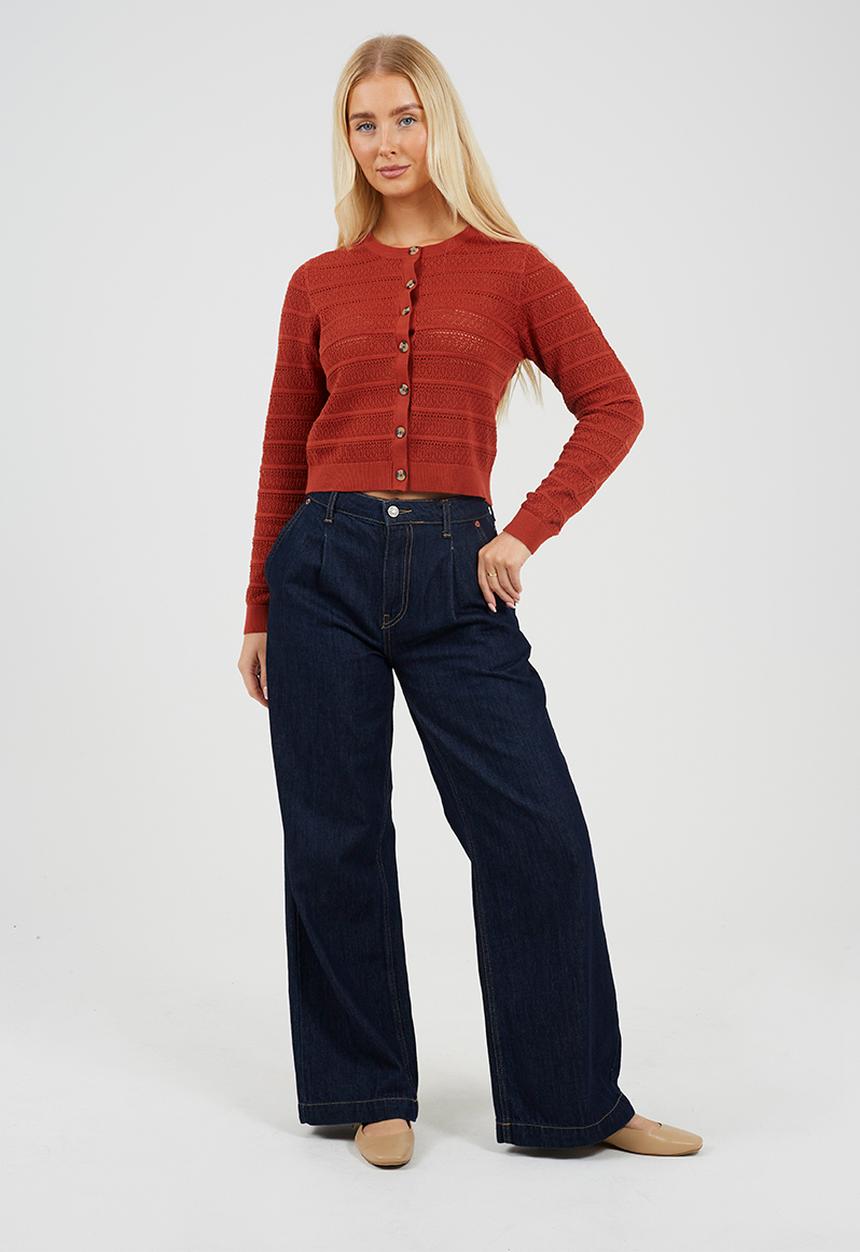 Brave Soul - Ladies Crew Neck Button Through Cardigan With All Over Stitch Repeat - Rust