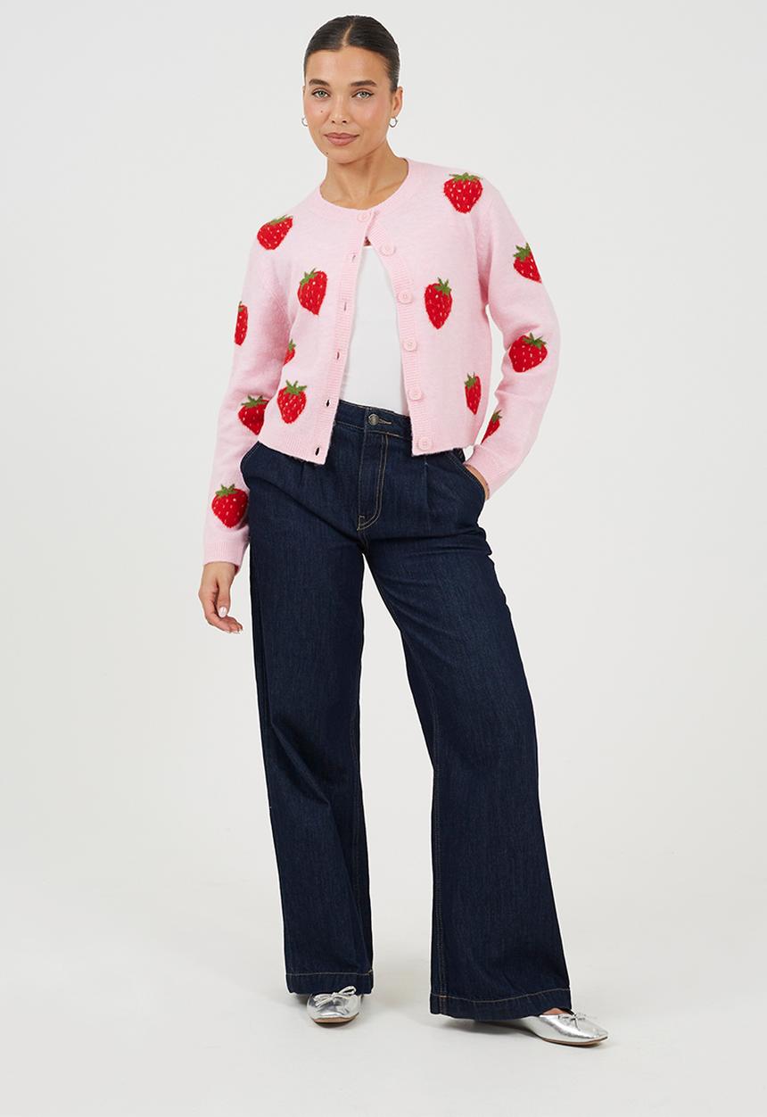 Brave Soul - Ladies Crew Neck Cardigan In Soft Yarn With Strawberry Jacquard Pattern - Pink/Red/Green