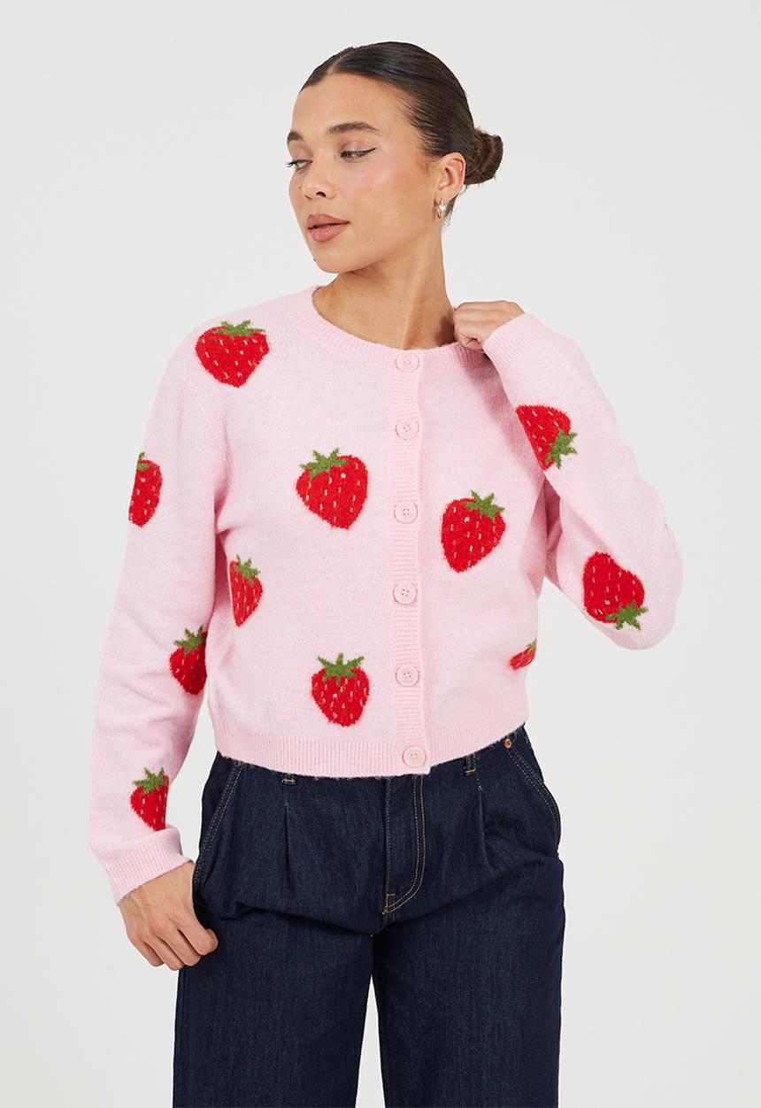 Brave Soul - Ladies Crew Neck Cardigan In Soft Yarn With Strawberry Jacquard Pattern - Pink/Red/Green