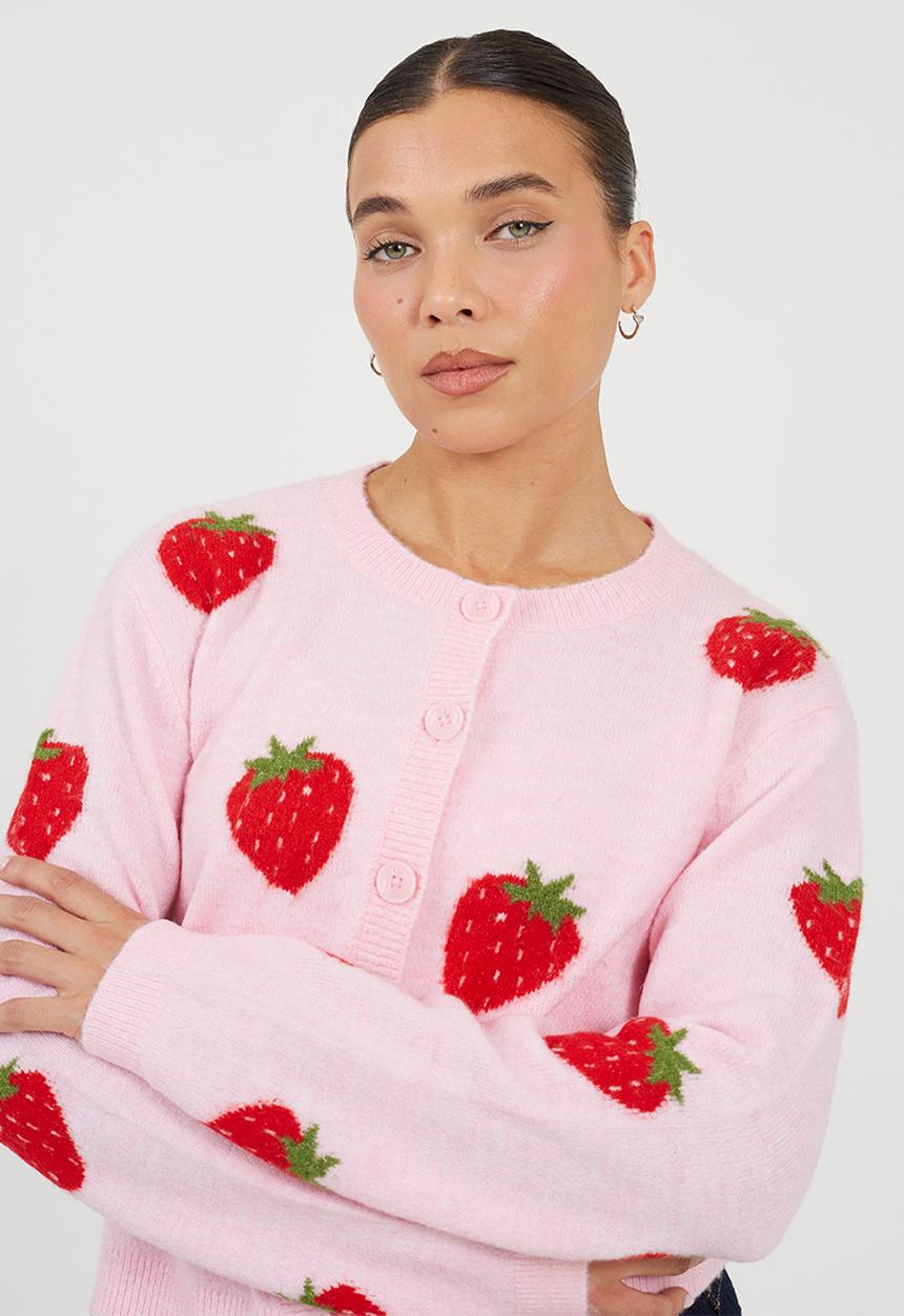 Brave Soul - Ladies Crew Neck Cardigan In Soft Yarn With Strawberry Jacquard Pattern - Pink/Red/Green