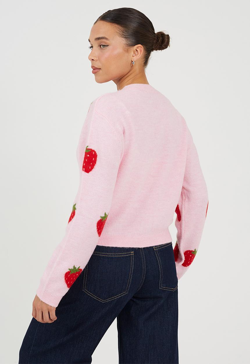 Brave Soul - Ladies Crew Neck Cardigan In Soft Yarn With Strawberry Jacquard Pattern - Pink/Red/Green