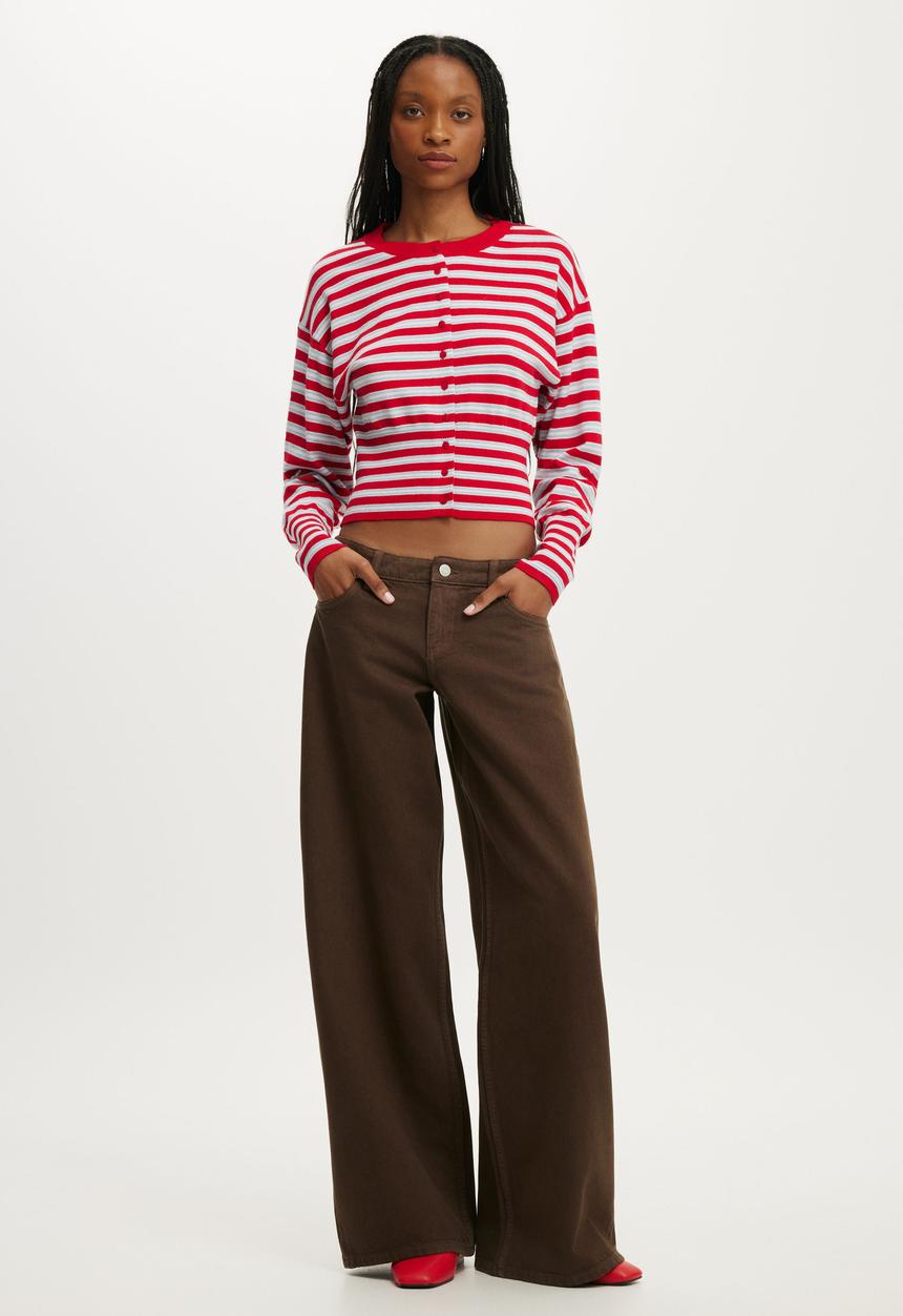Cotton On - Sara Button Cardigan - Red Petal/Marine Stripe