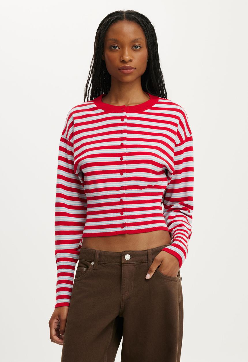 Cotton On - Sara Button Cardigan - Red Petal/Marine Stripe