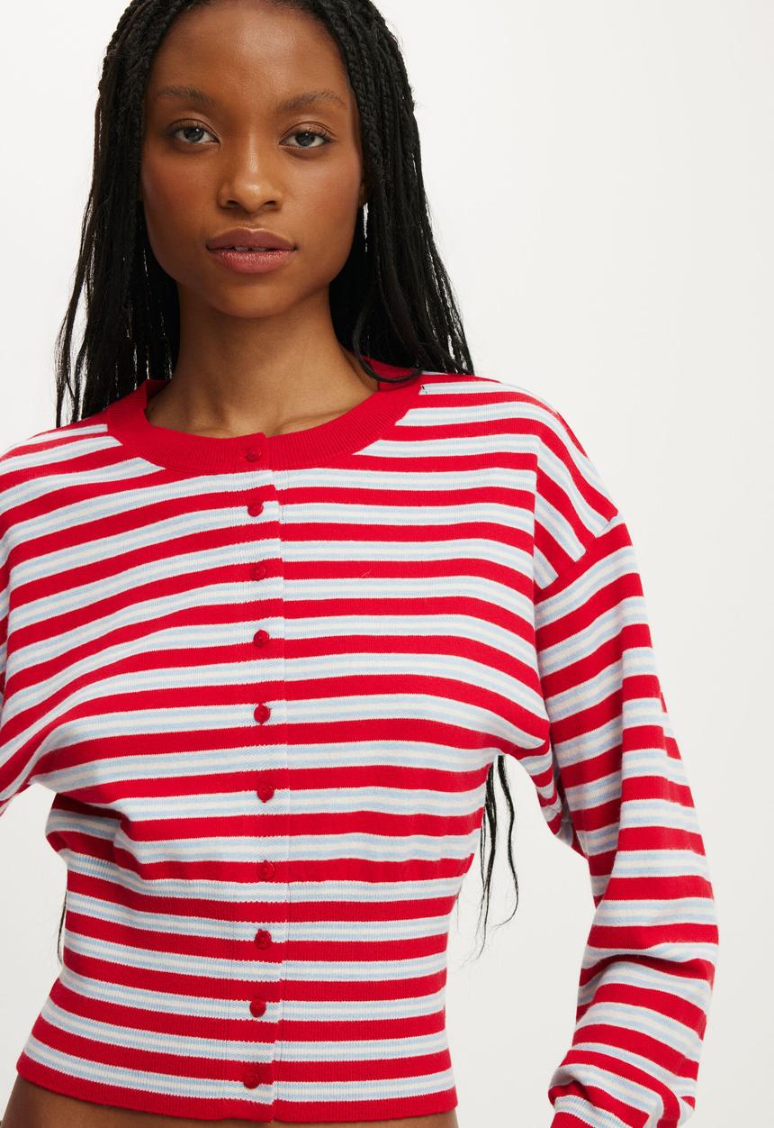 Cotton On - Sara Button Cardigan - Red Petal/Marine Stripe