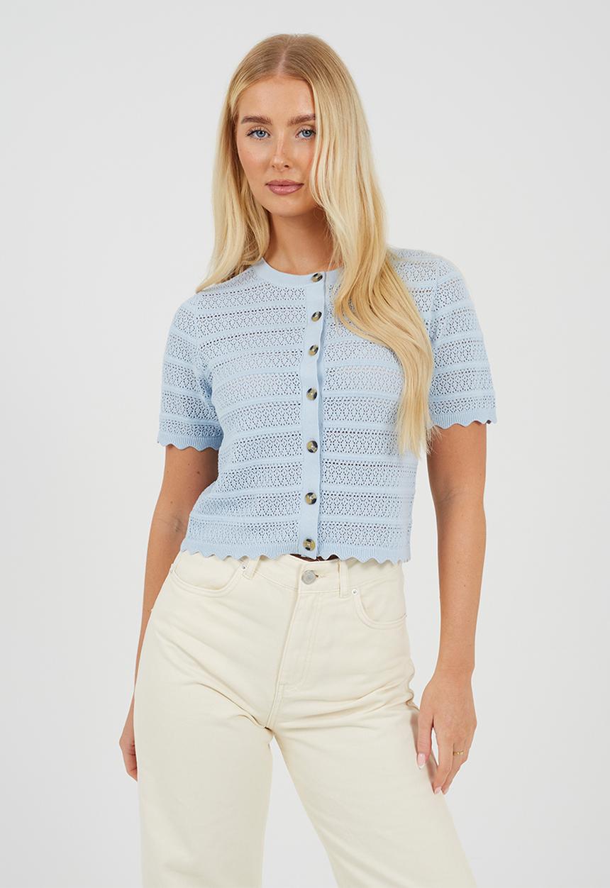 Brave Soul - Ladies Button Through Cardigan With All Over Stitch Repeat - Blue