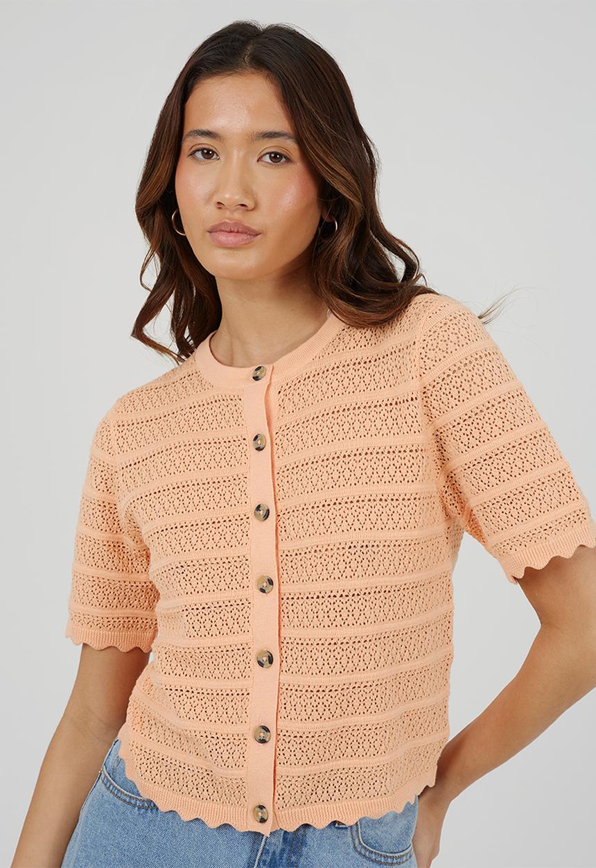 Brave Soul - Ladies Button Through Cardigan With All Over Stitch Repeat - Peach