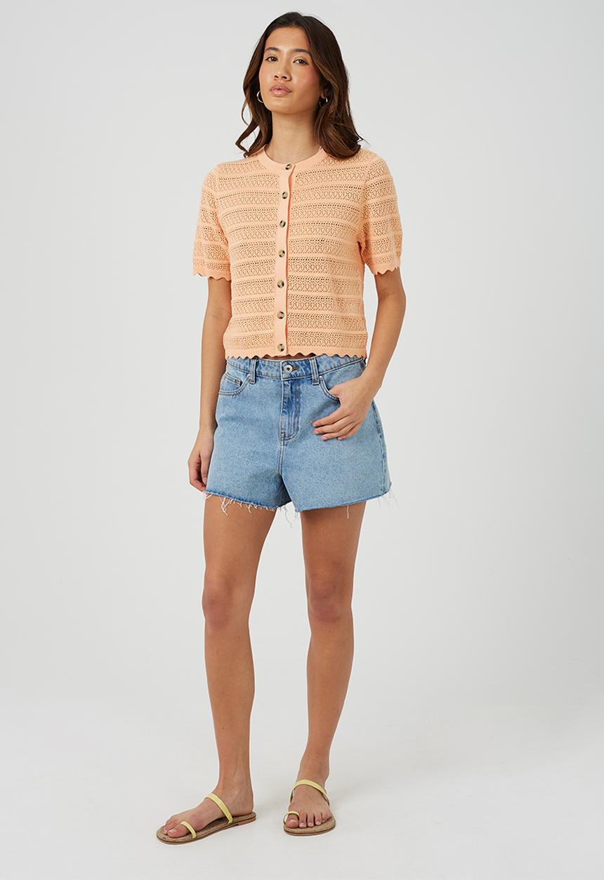 Brave Soul - Ladies Button Through Cardigan With All Over Stitch Repeat - Peach