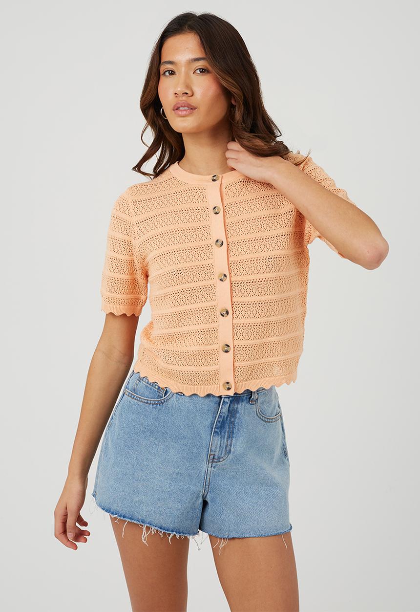 Brave Soul - Ladies Button Through Cardigan With All Over Stitch Repeat - Peach