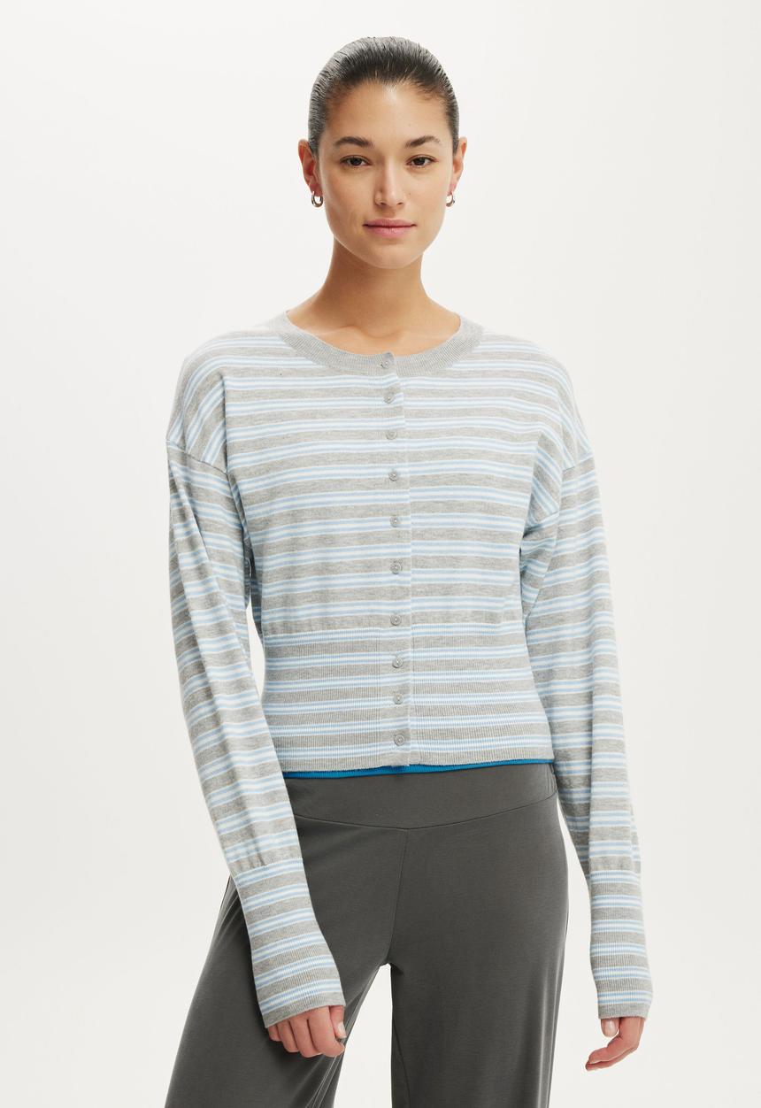 Cotton On - Sara Button Cardigan - Grey Marle/Seaside Blue/White Stripe