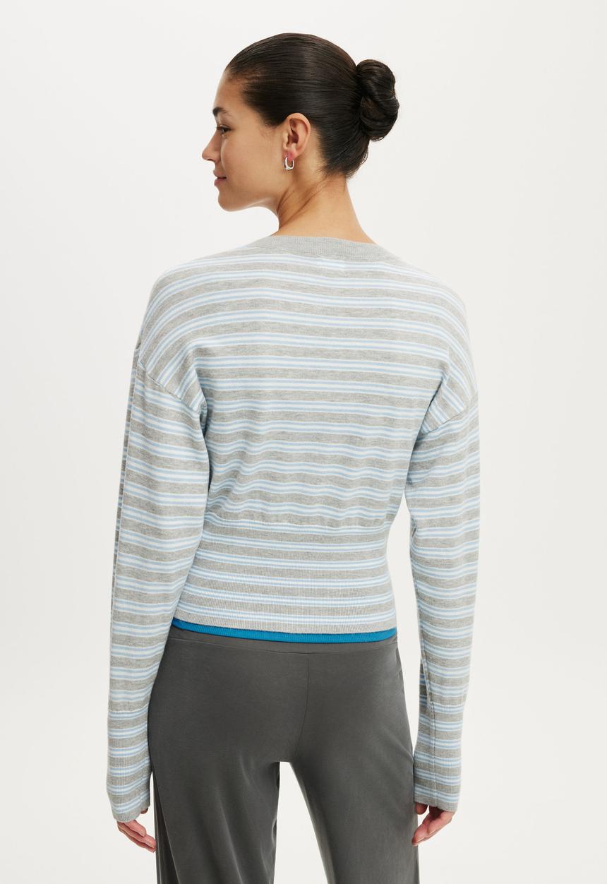 Cotton On - Sara Button Cardigan - Grey Marle/Seaside Blue/White Stripe