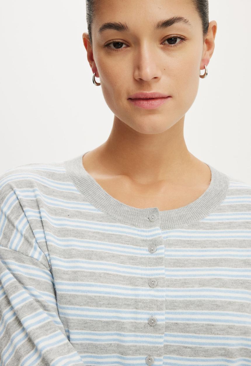 Cotton On - Sara Button Cardigan - Grey Marle/Seaside Blue/White Stripe