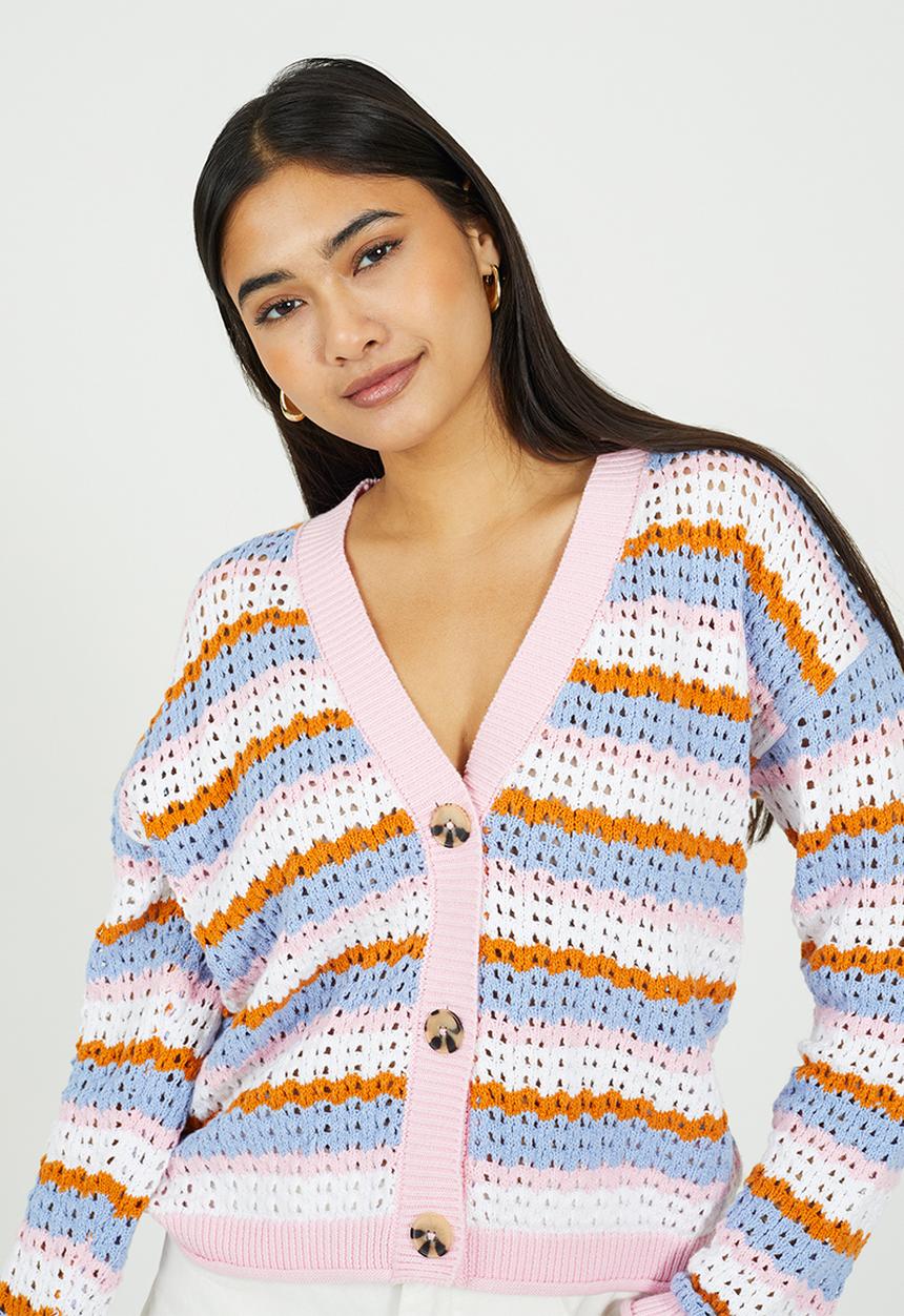 Brave Soul - Ladies V Neck Open Stitch Stripe Cardi With Tortoiseshell Button - Pink Multi
