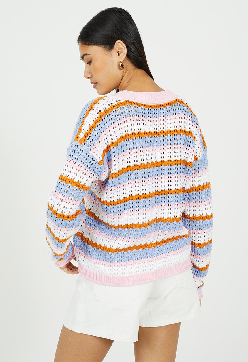 Brave Soul - Ladies V Neck Open Stitch Stripe Cardi With Tortoiseshell Button - Pink Multi