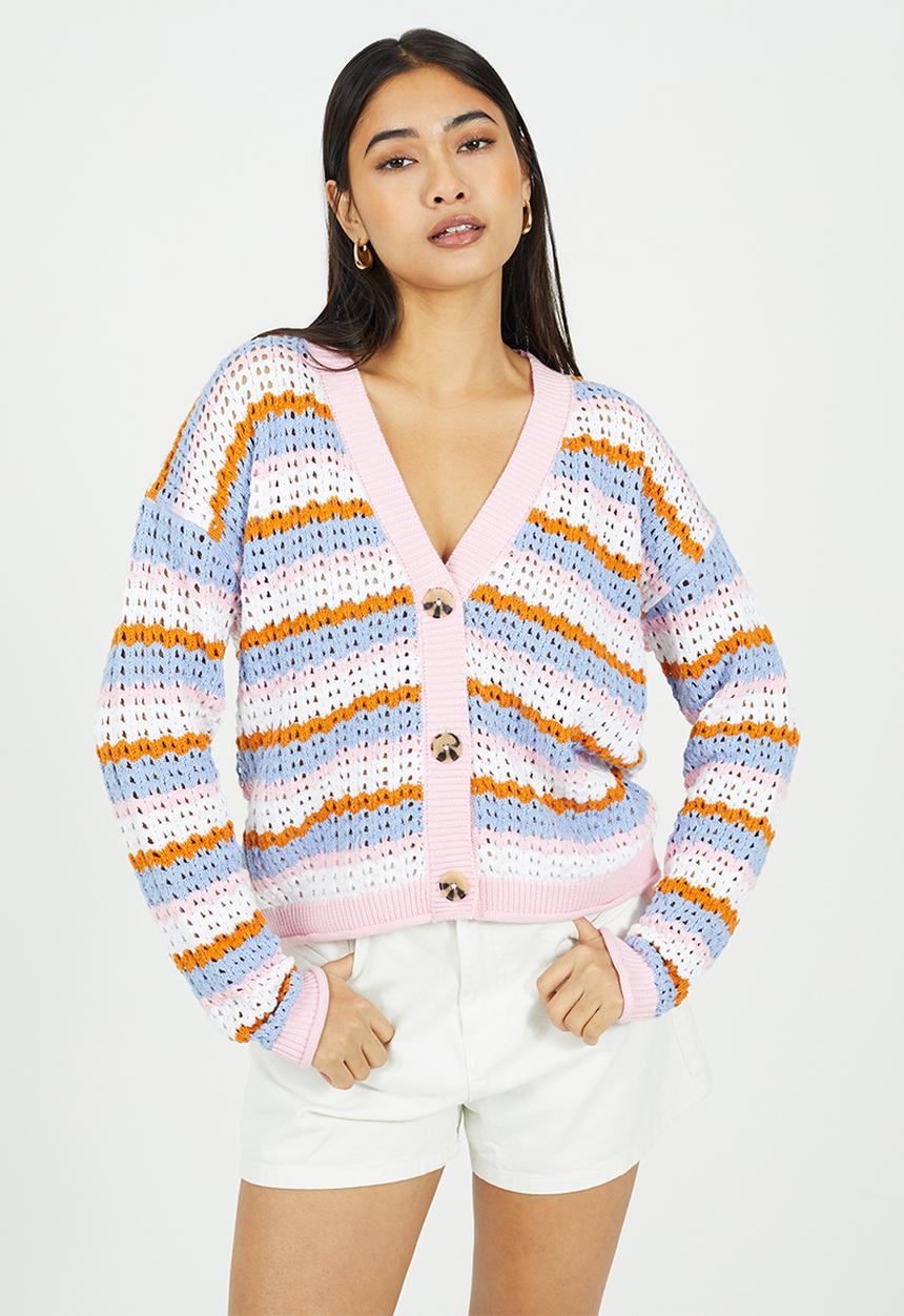 Brave Soul - Ladies V Neck Open Stitch Stripe Cardi With Tortoiseshell Button - Pink Multi