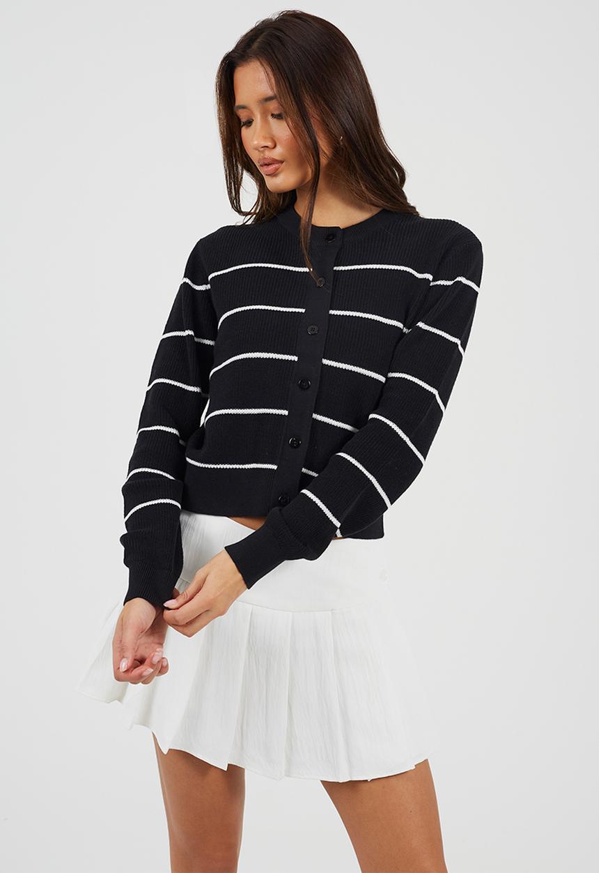 Brave Soul - All Over Fisherman Knit Cardi With Black Stripe And Black Buttons - Black/White Stripe