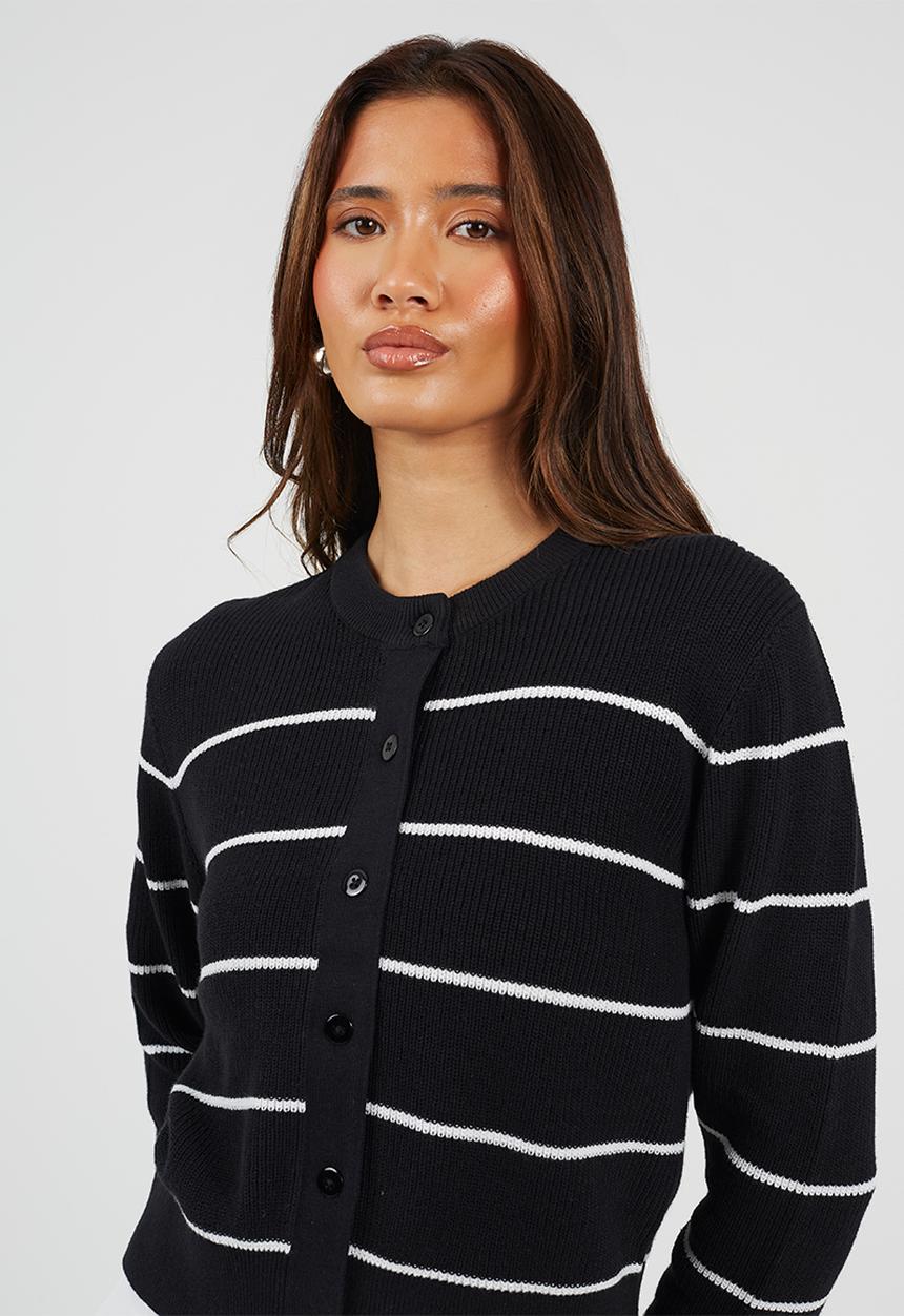 Brave Soul - All Over Fisherman Knit Cardi With Black Stripe And Black Buttons - Black/White Stripe