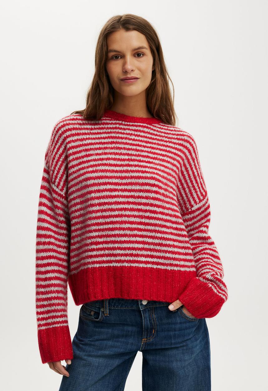 Cotton On - Luxe Crew Neck Sweater - Red Stripe