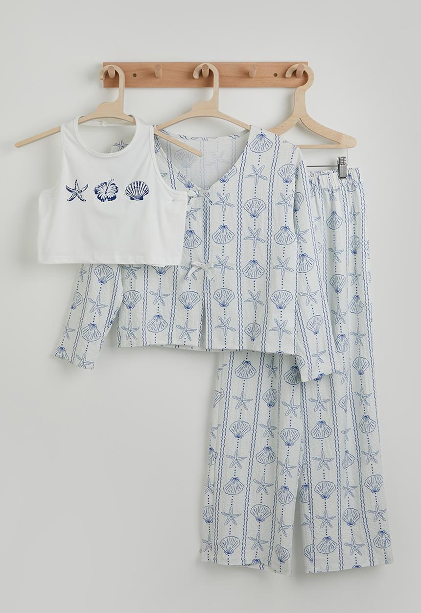 Pop Candy - Motif blouse and pants with halter top - white & blue