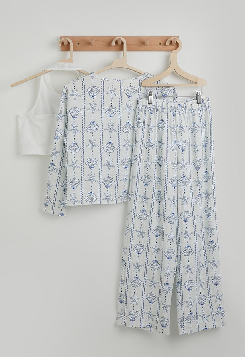 Pop Candy - Motif blouse and pants with halter top - white & blue