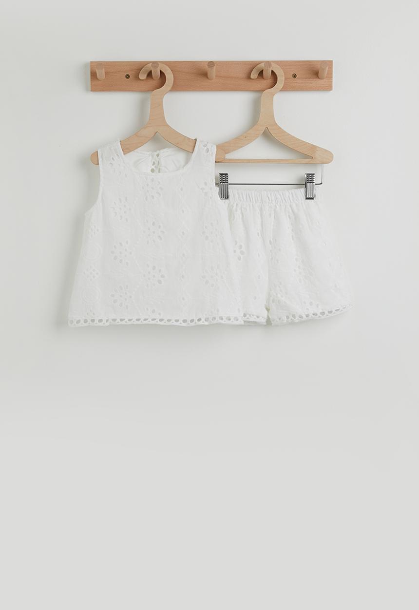 Pop Candy - Anglaise broderie top & shorts with scalloped hem - white