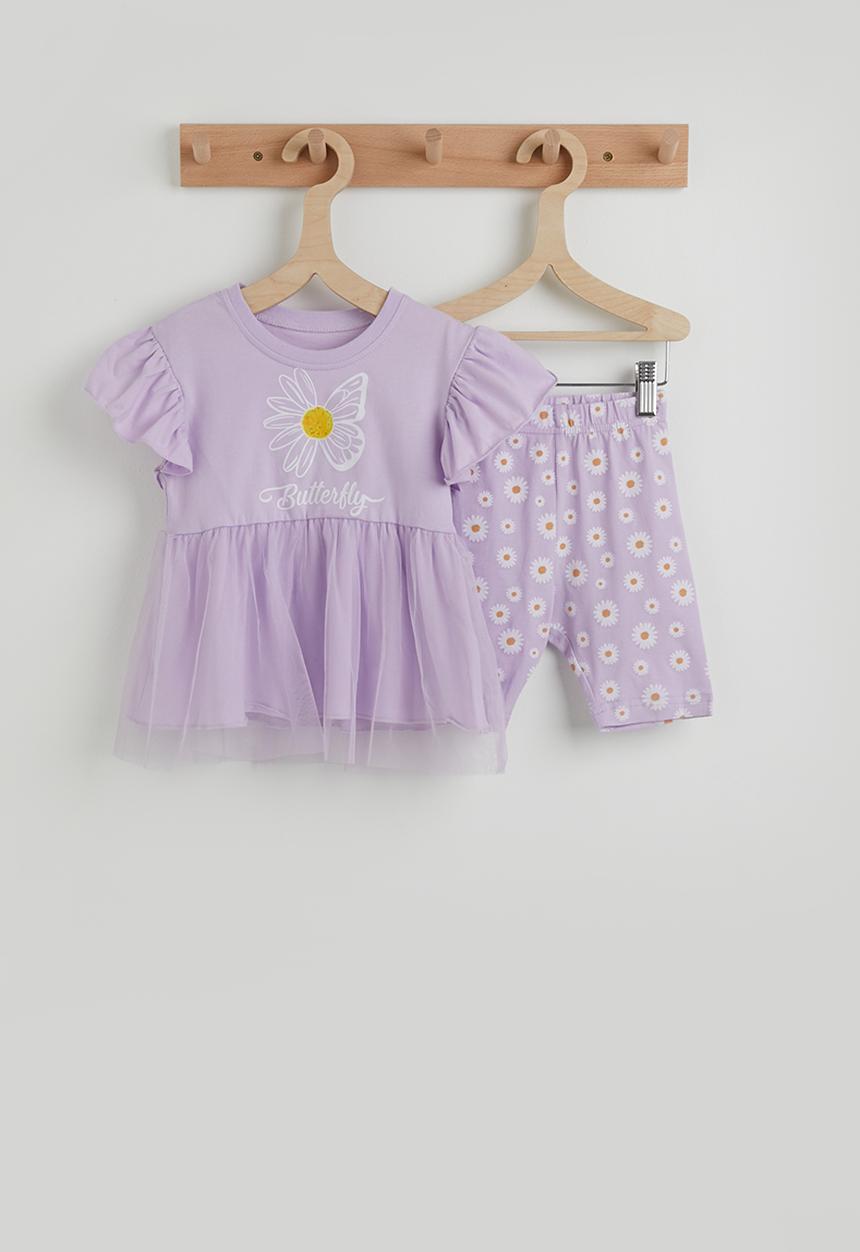 Pop Candy - Daisy printed peplum tee and cycling shorts - light purple