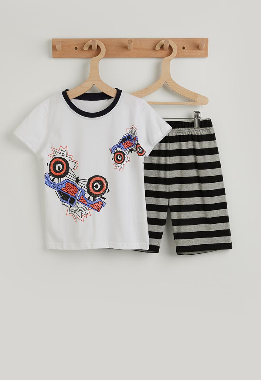 Pop Candy - Monster truck graphic with striped shorts - white/grey