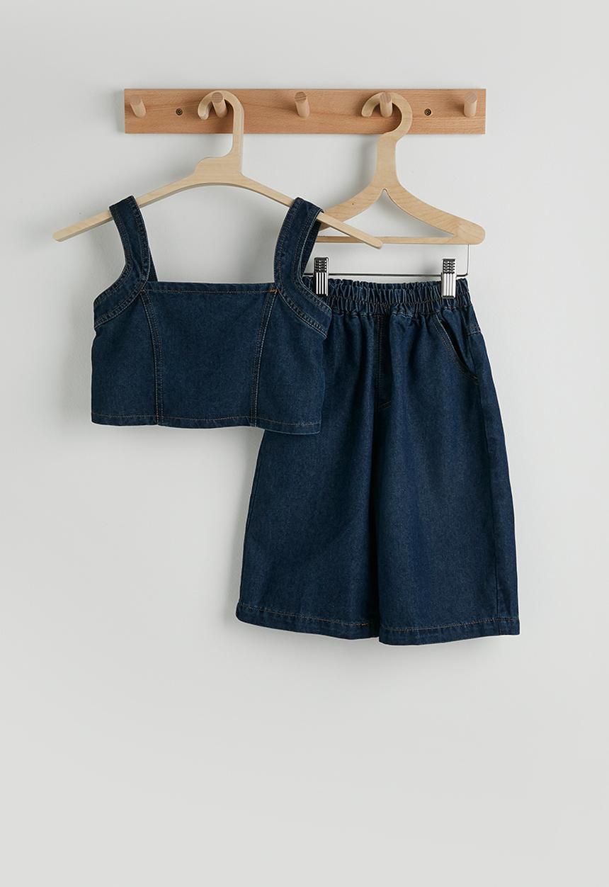 Pop Candy - Denim square neck top with bermuda pants - dark blue