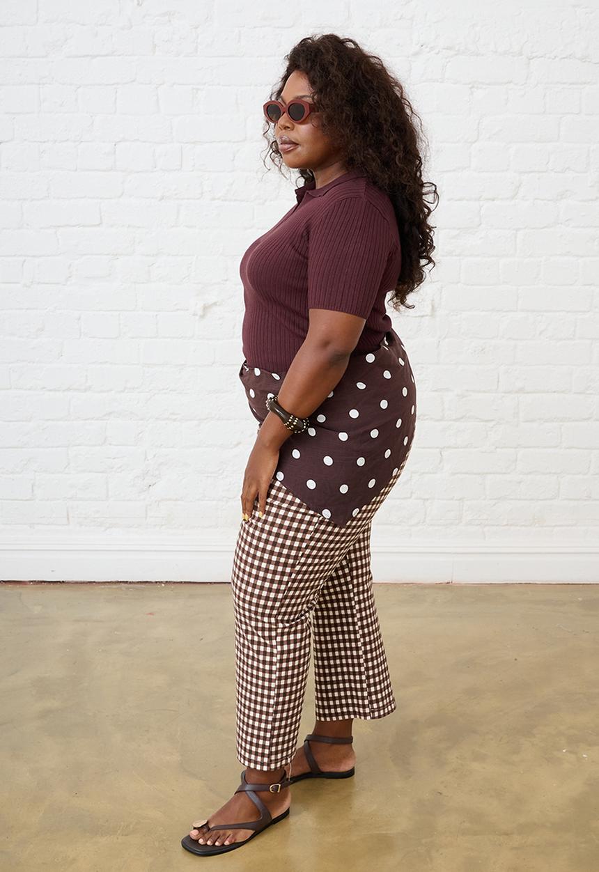 Me&B - Plus Bengaline Cropped Pants - Choc Gingham